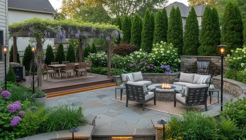 Pittsburgh PA backyard patio landscape with seating, lighting, and lush plantings by Chop Chop Landscaping