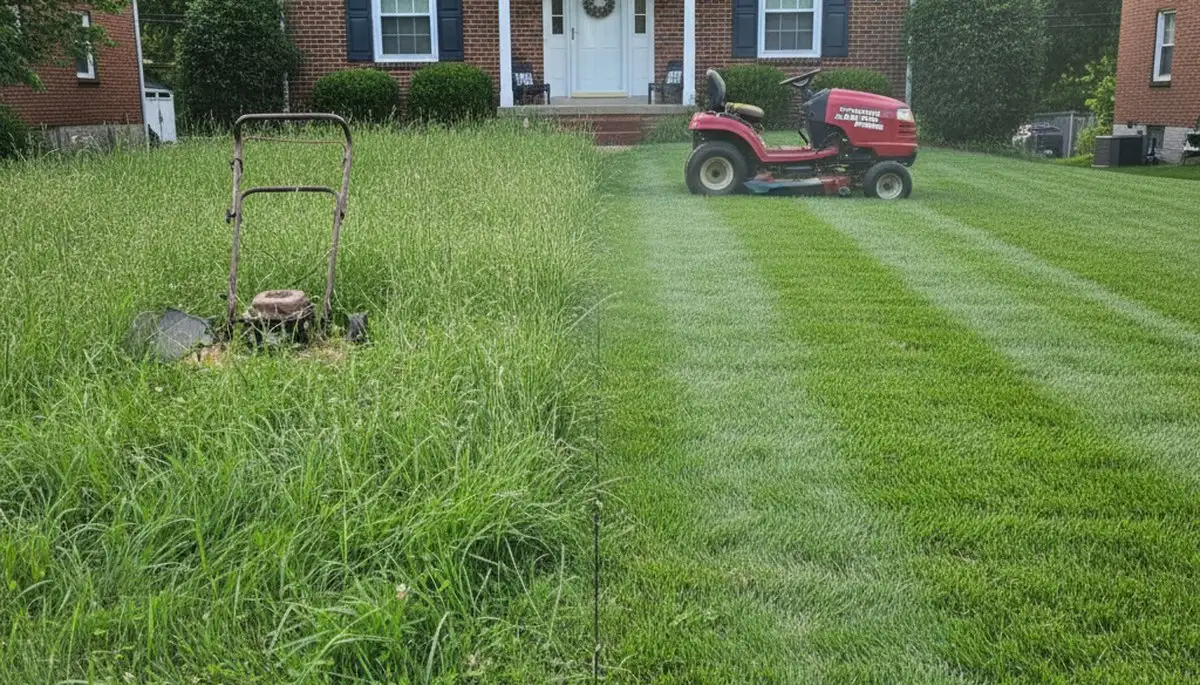 Before and after professional lawn mowing showing yard transformation in Pittsburgh, PA
