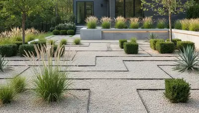 Modern pea gravel landscape with geometric design by Chop Chop Landscaping in Pittsburgh, PA