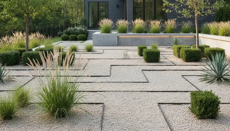 Modern pea gravel landscape with geometric design by Chop Chop Landscaping in Pittsburgh, PA