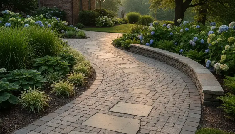 Curved stone paver walkway installation by professional landscapers in Pittsburgh, PA
