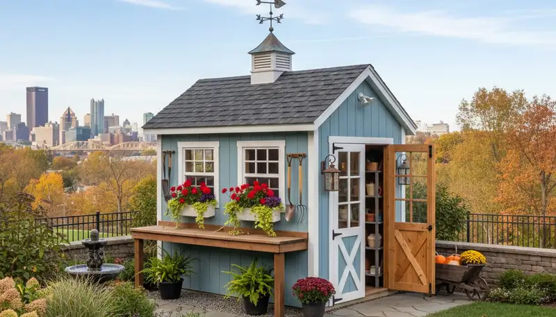 Decorative garden shed installation with window boxes by landscapers in Pittsburgh, PA