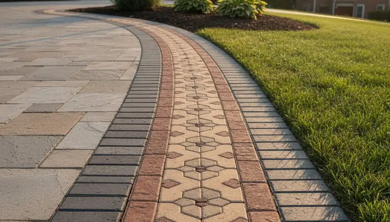 Decorative paver border with soldier course edging on driveway by Chop Chop Landscaping in Pittsburgh PA