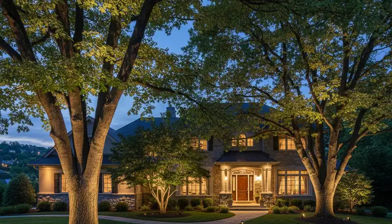 Dramatic tree uplighting design highlighting mature trees at night by Chop Chop Landscaping in Pittsburgh, PA