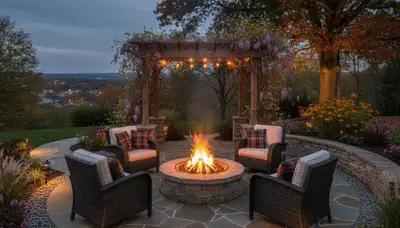 Fire pit patio with circular seating and paver design by Pittsburgh landscapers in Mc Kees Rocks, PA