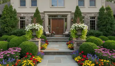 Front yard landscaping with colorful plants and shrubs enhancing curb appeal in Pittsburgh, PA