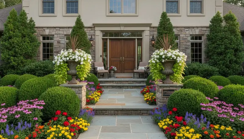 Front yard landscaping with colorful plants and shrubs enhancing curb appeal in Pittsburgh, PA