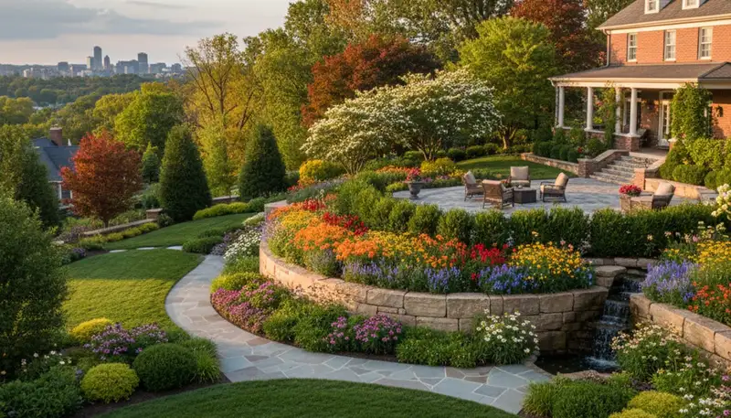Full property landscape design with lawn, trees, and flower beds by landscapers in Pittsburgh, PA