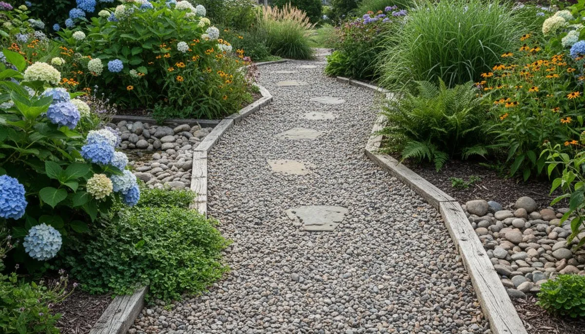 Pea gravel garden path with lush plants in Pittsburgh, PA by Chop Chop Landscaping