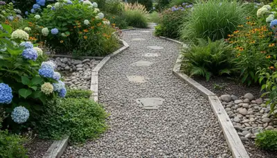 Pea gravel garden path with lush plants in Pittsburgh, PA by Chop Chop Landscaping