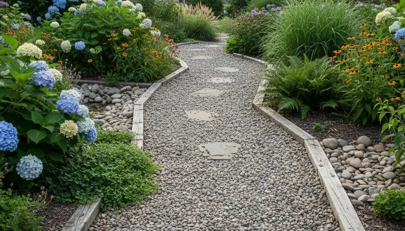Pea gravel garden path with lush plants in Pittsburgh, PA by Chop Chop Landscaping