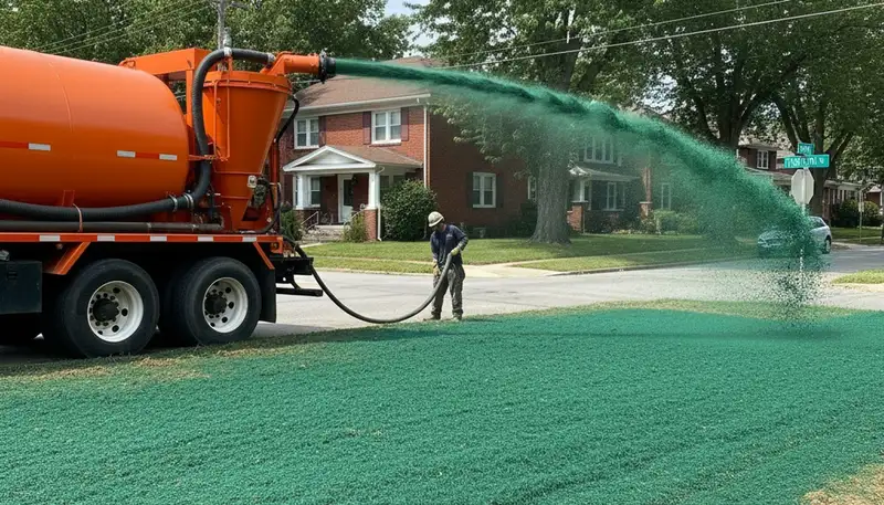 Hydroseeder truck spraying green slurry for lawn hydroseeding service in Pittsburgh, PA