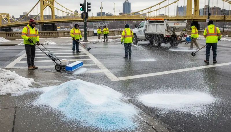 Professional de-icing and salt application on pavement by Chop Chop Landscaping in Pittsburgh, PA