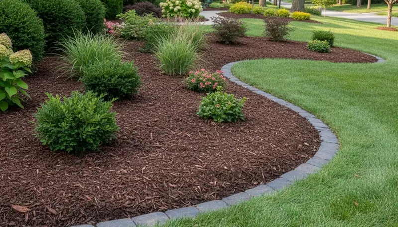 Fresh mulch and clean bed edging by professional landscapers in Pittsburgh, PA for a polished yard