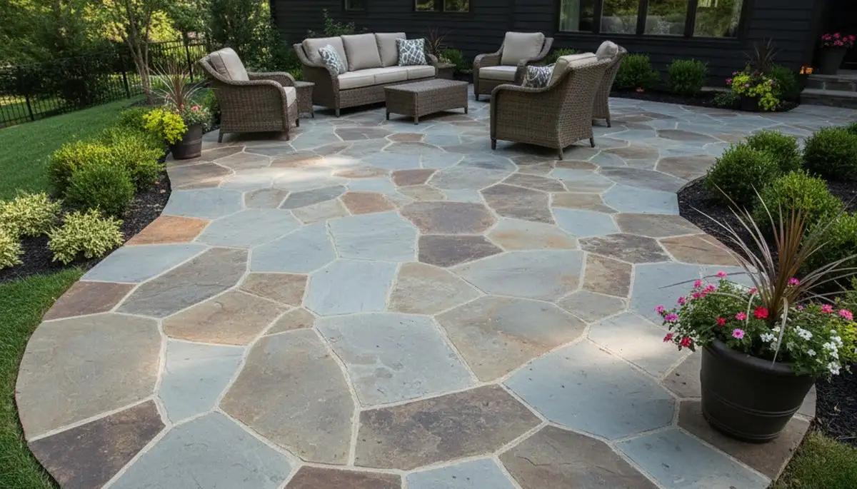 Modern large format stone slab patio by professional landscapers in Pittsburgh, PA