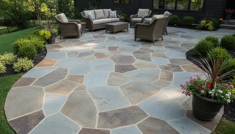 Modern large format stone slab patio by professional landscapers in Pittsburgh, PA