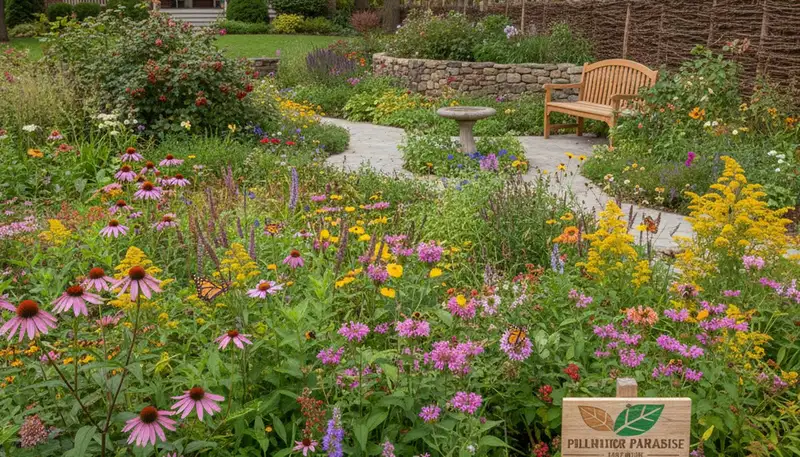 Vibrant native pollinator garden by organic landscapers in Pittsburgh, PA with bees and butterflies