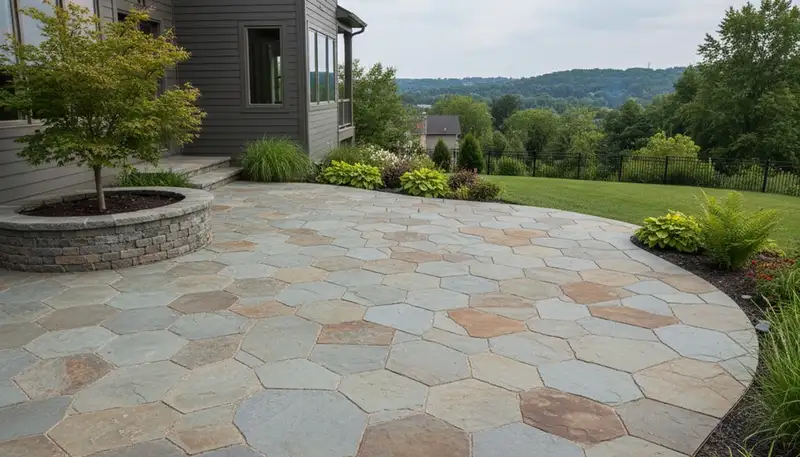 Natural flagstone patio installation by professional landscapers in Pittsburgh, PA