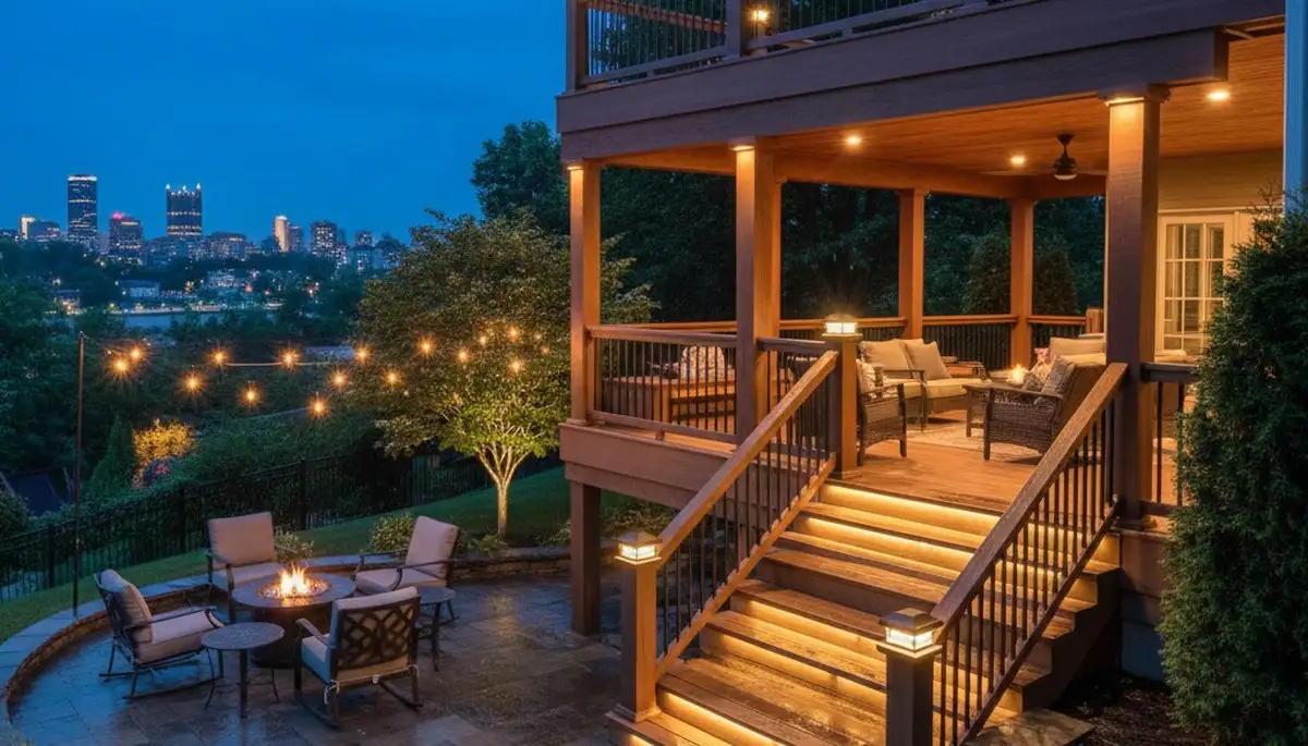 Evening deck and patio lighting installation by Chop Chop Landscaping in Pittsburgh, PA