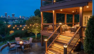 Evening deck and patio lighting installation by Chop Chop Landscaping in Pittsburgh, PA