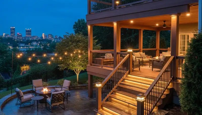 Evening deck and patio lighting installation by Chop Chop Landscaping in Pittsburgh, PA