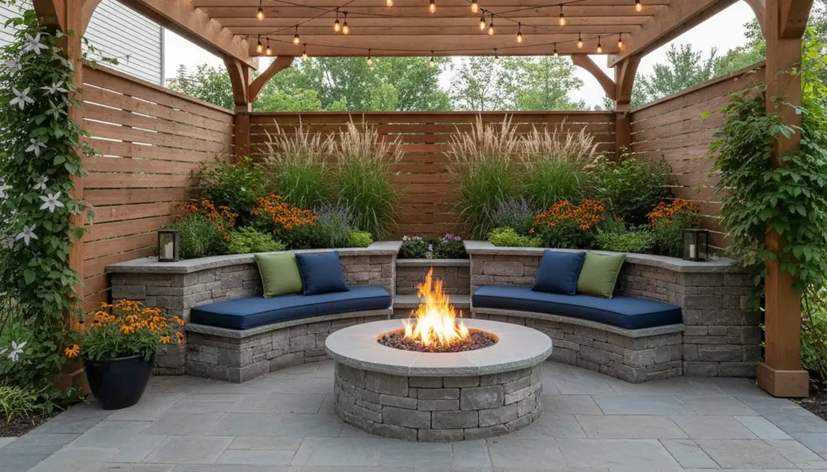 Elegant paver patio with pergola and lighting by Pittsburgh landscapers in Mc Kees Rocks, PA