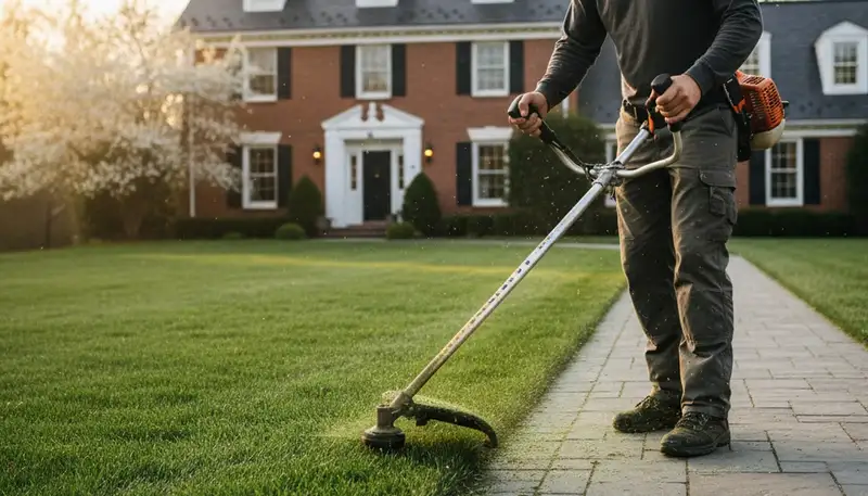 Technician using string trimmer for precise lawn edging in Pittsburgh, PA by Chop Chop Landscaping