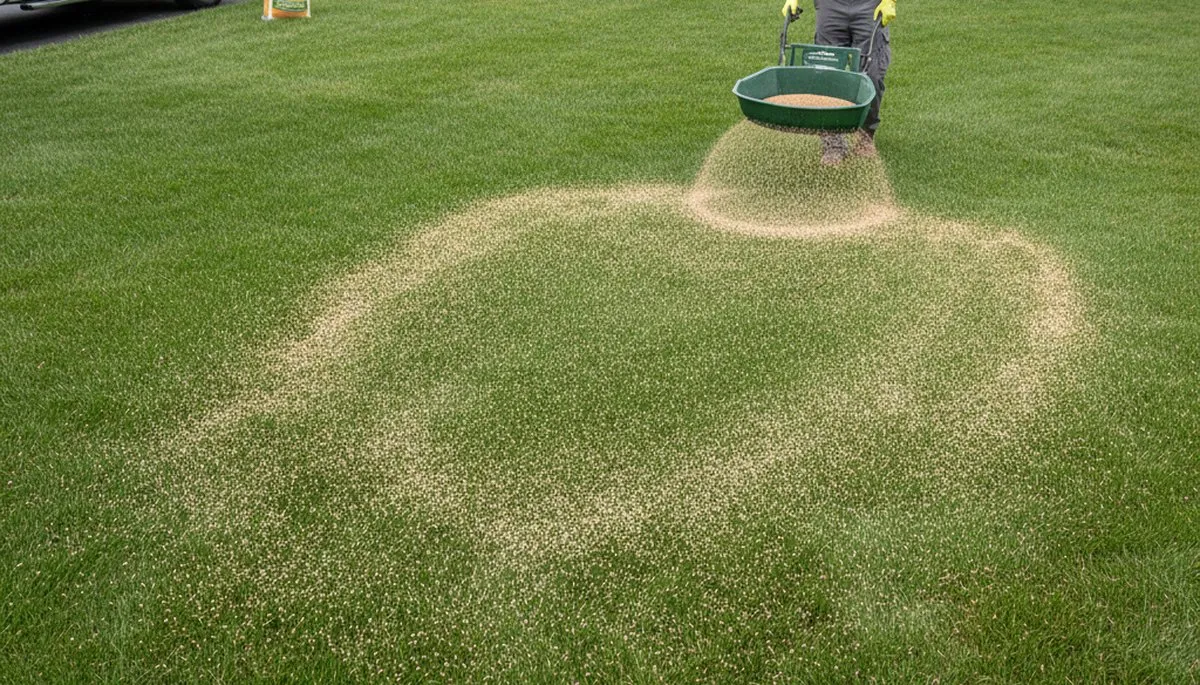 Lawn care technician spreading fertilizer on Pittsburgh PA lawn with broadcast spreader for even turf growth