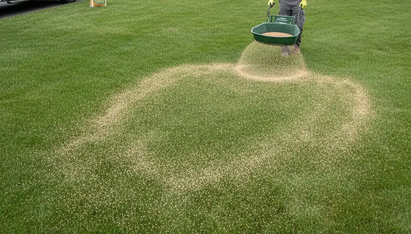 Lawn care technician spreading fertilizer on Pittsburgh PA lawn with broadcast spreader for even turf growth