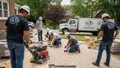 Professional crew installing driveway pavers in Pittsburgh, PA with precise leveling and base preparation
