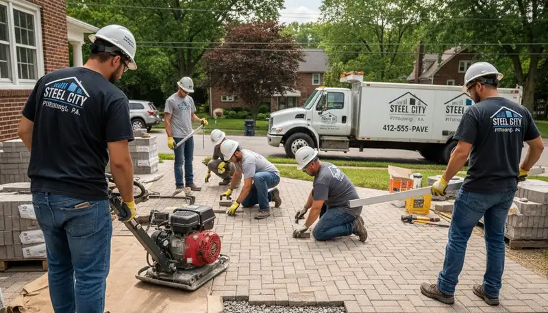 Professional crew installing driveway pavers in Pittsburgh, PA with precise leveling and base preparation