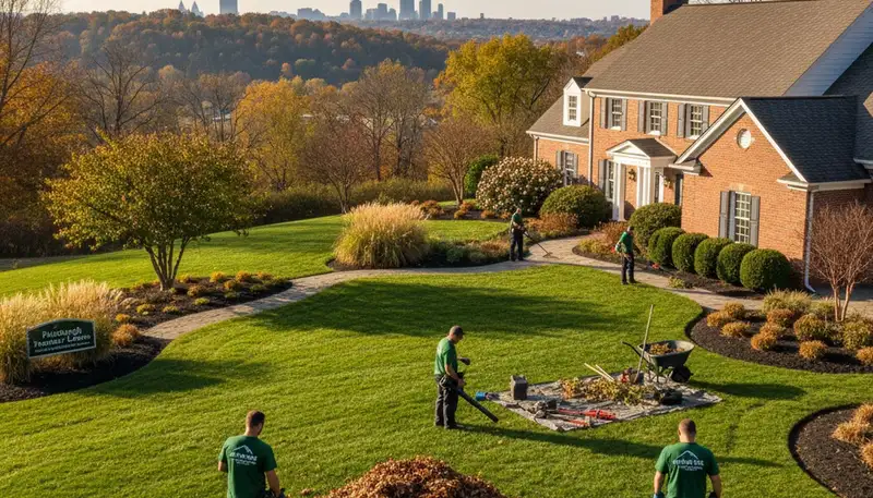 Technicians performing seasonal leaf removal and shrub pruning on a Pittsburgh, PA property
