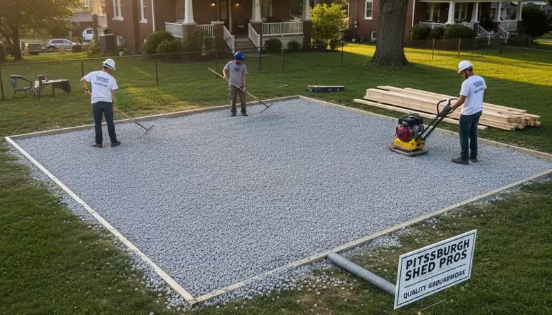 Professional shed foundation preparation with gravel base by landscapers in Pittsburgh, PA