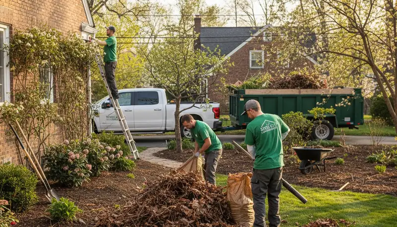 Landscapers performing spring yard clean up and debris removal in Pittsburgh, PA