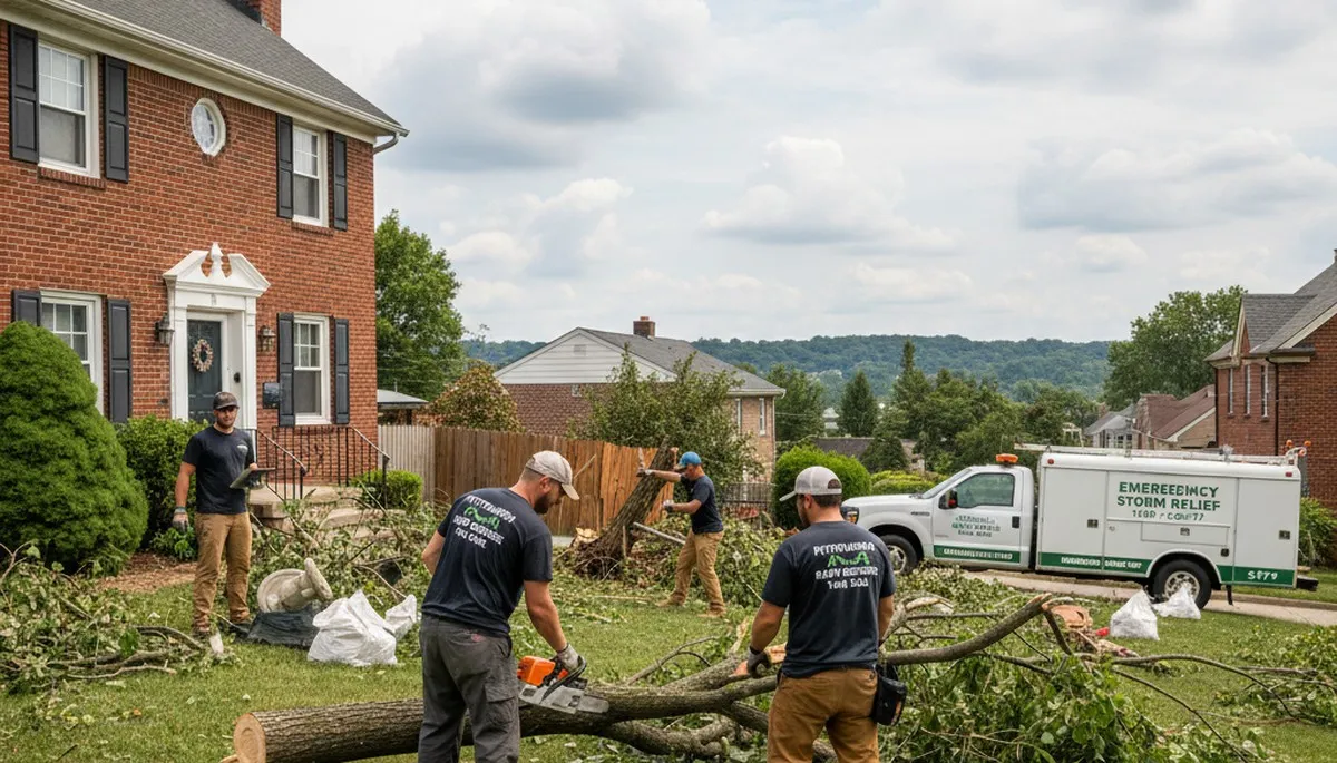Crew performing storm damage yard cleanup in Pittsburgh, PA after severe weather debris removal