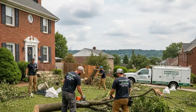 Crew performing storm damage yard cleanup in Pittsburgh, PA after severe weather debris removal