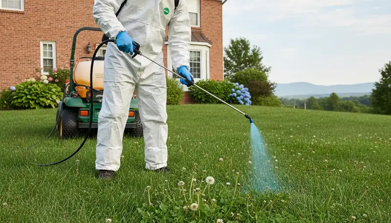 Lawn care technician applying targeted weed control treatment on Pittsburgh, PA property