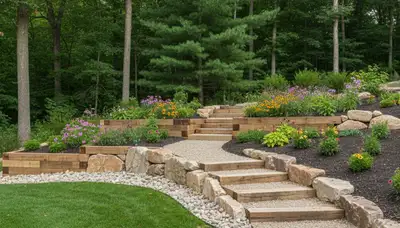 Terraced garden with timber steps and native plants by professional landscapers in Mc Kees Rocks, PA
